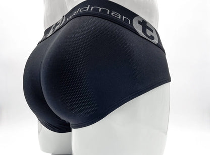 Wildmant mesh big boy pouch brief black with perforated mesh texture and gray branding on the waistband