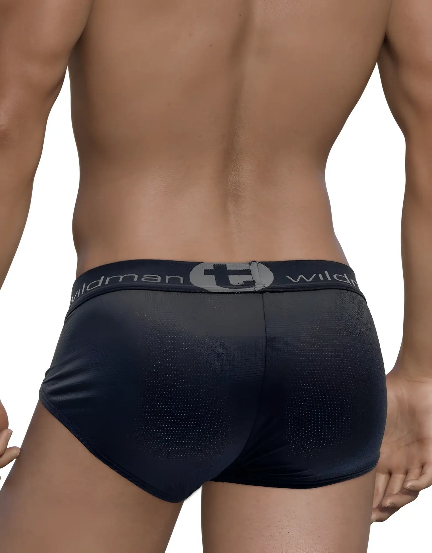Black wildman men’s briefs with textured fabric and gray logo band wildmant mesh big boy pouch brief black