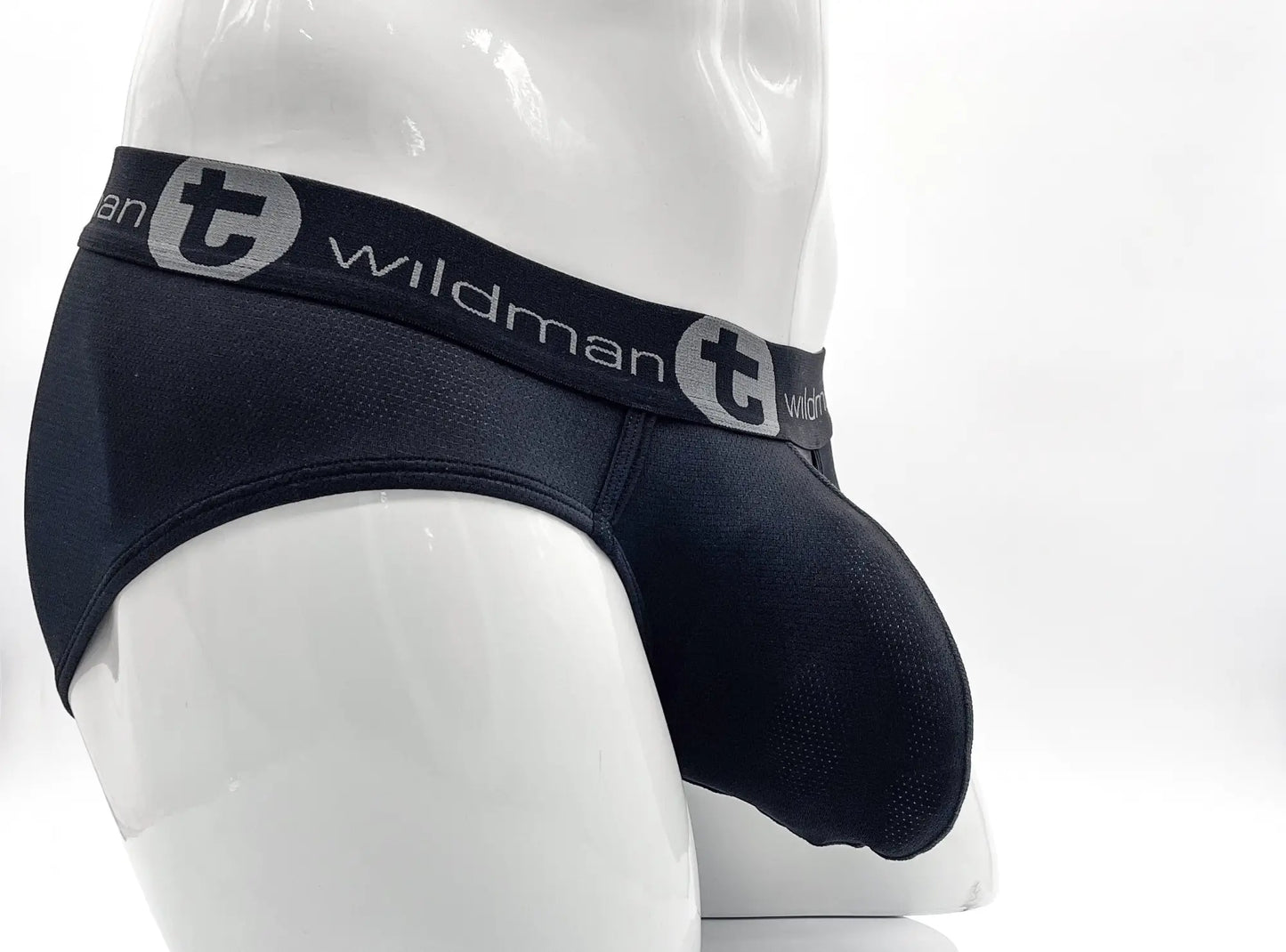 Black wildman men’s briefs with textured mesh fabric and gray logo waistband wildmant mesh big boy pouch brief black