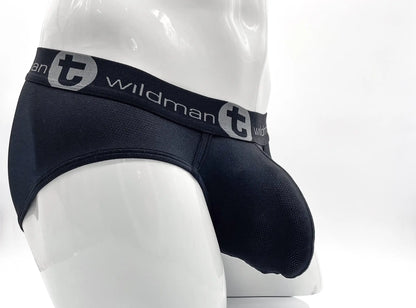 Black wildman men’s briefs with textured mesh fabric and gray logo waistband wildmant mesh big boy pouch brief black