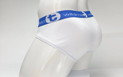 White briefs with blue elastic waistband featuring wildman logo mesh big boy pouch stripe design