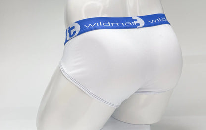White mesh briefs with a blue elastic waistband featuring the wildman logo and big boy pouch design