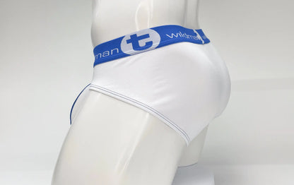 White men’s mesh briefs with blue elastic waistband featuring wildman logo and big boy pouch stripe design