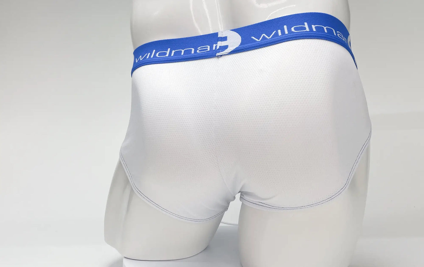 White men’s briefs with mesh big boy pouch and blue wildman elastic waistband in stripe design