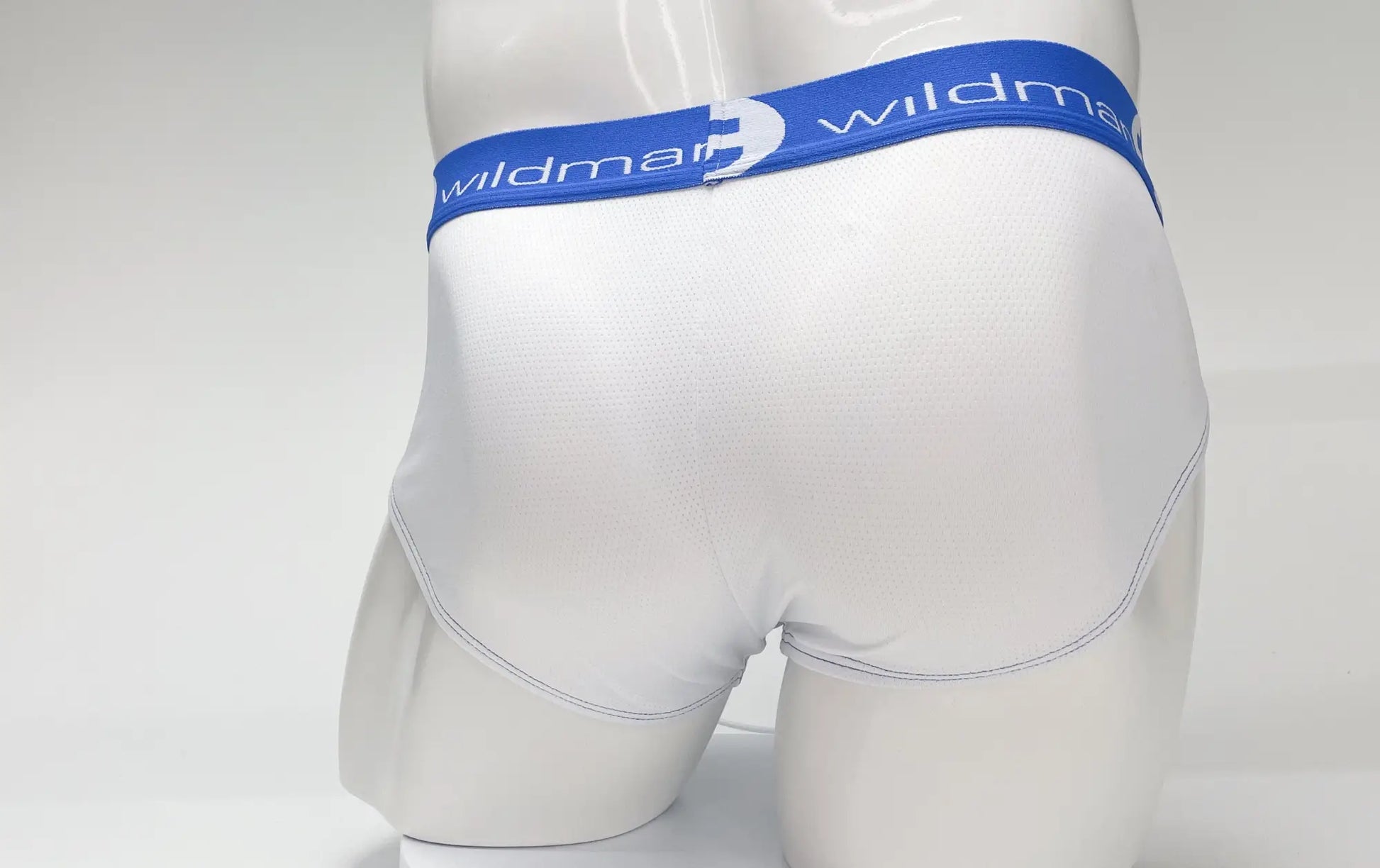 White men’s briefs with mesh big boy pouch and blue wildman elastic waistband in stripe design