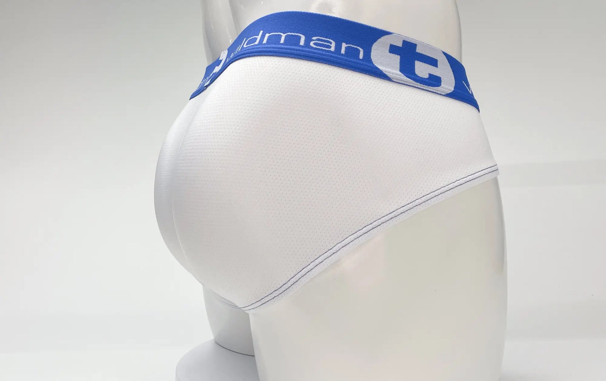 White men’s briefs with blue elastic waistband mesh big boy pouch and wildmant t logo and branding strip