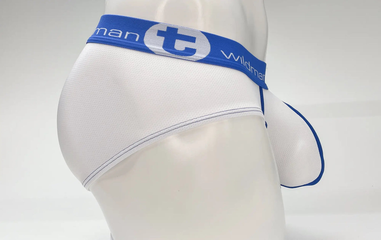 White mens briefs with blue trim and wildman branded waistband featuring mesh big boy pouch design