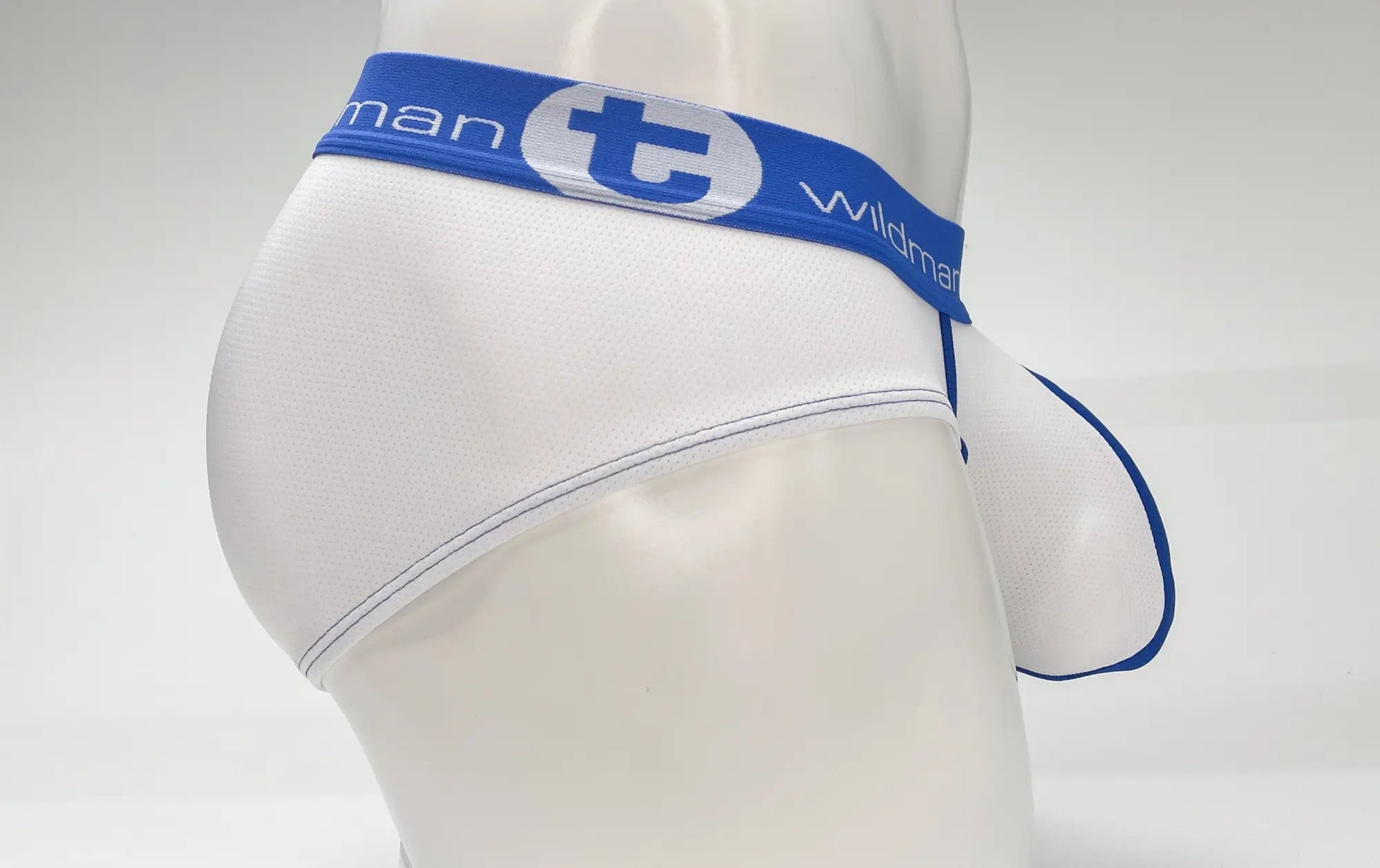 White mens briefs with blue trim and wildman branded waistband featuring mesh big boy pouch design