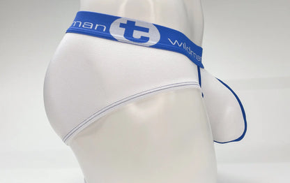 White mens briefs with blue trim and wildman branded waistband featuring mesh big boy pouch design