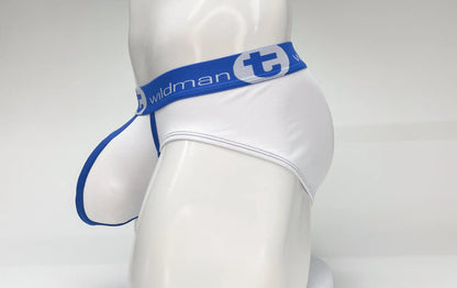 White mens mesh briefs with blue trim and a wildman branded waistband featuring a big boy pouch design