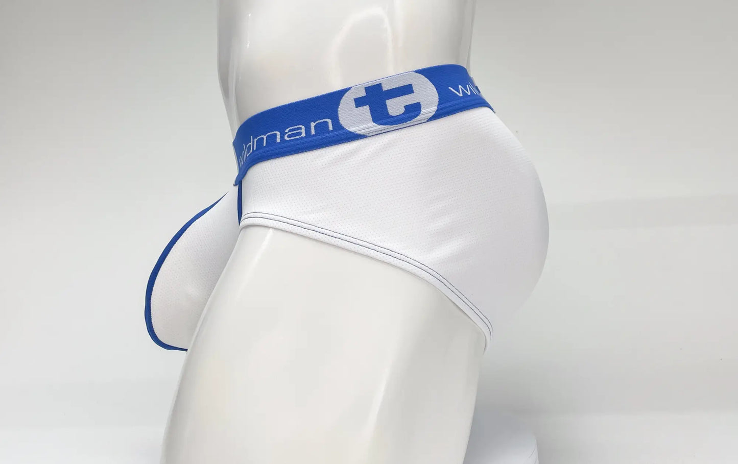 White men’s briefs with blue waistband featuring waldman logo and stylized t in wildmant mesh big boy pouch brief
