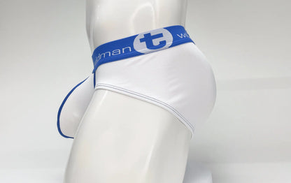 White men’s briefs with blue waistband featuring waldman logo and stylized t in wildmant mesh big boy pouch brief
