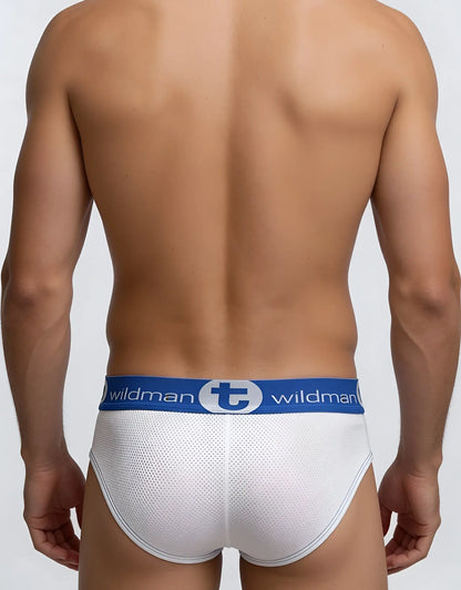 White mesh brief with blue logo waistband, featuring "WildmanT" branding, worn from the back view.