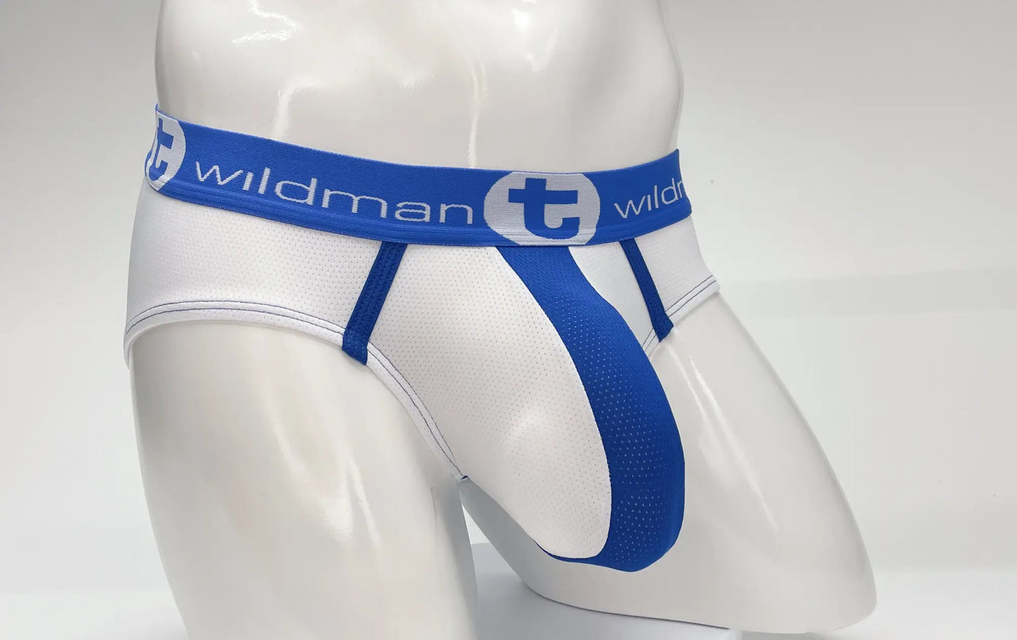 Wildmant mesh big boy pouch brief in white and blue featuring a mesh design for breathability and comfort