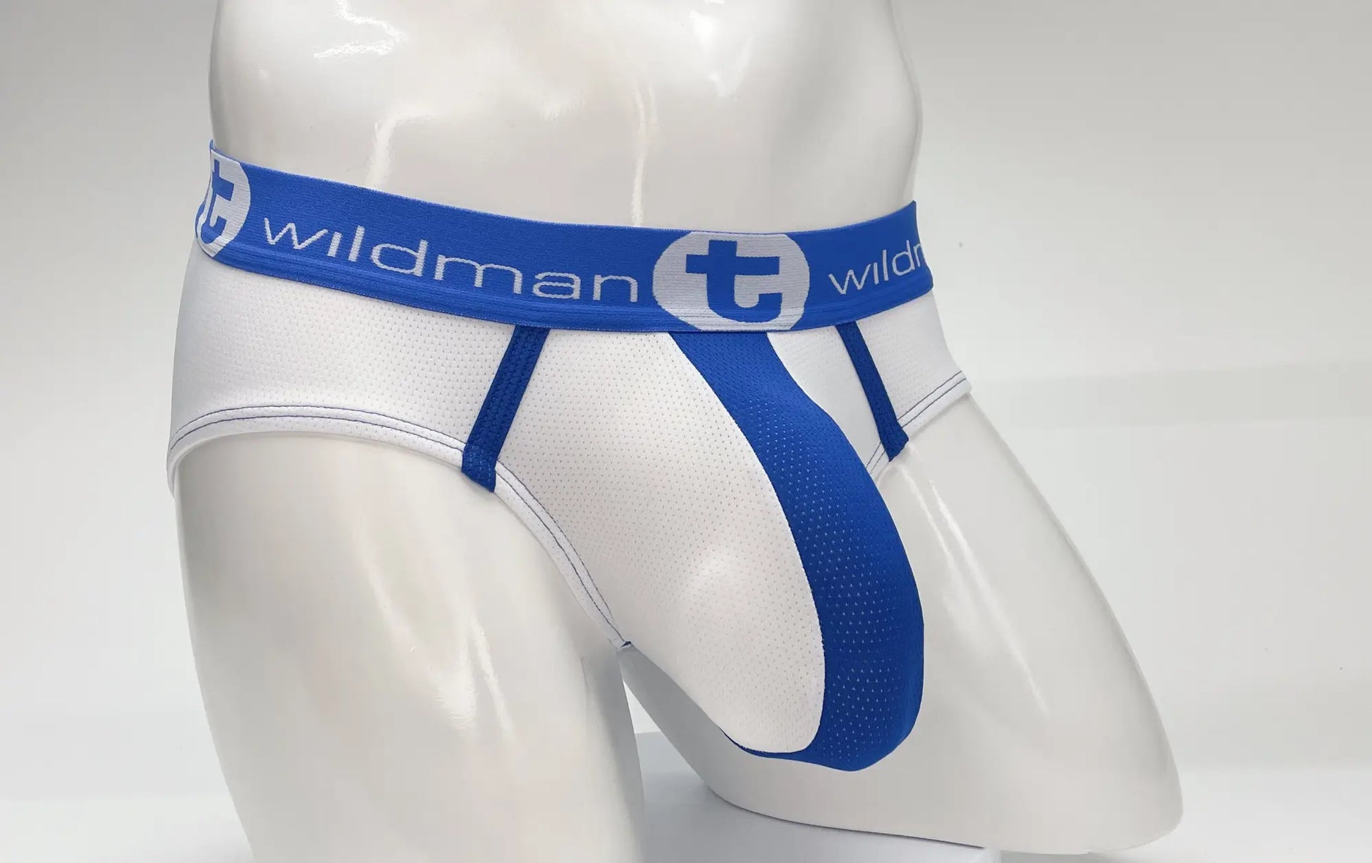 Wildmant mesh big boy pouch brief in white and blue featuring a mesh design for breathability and comfort