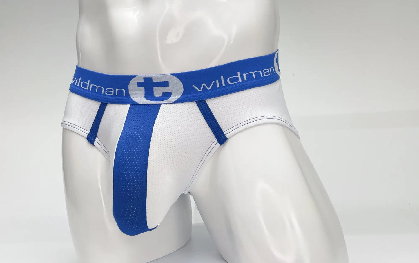 Wildmant mesh big boy pouch brief in white and blue featuring a front mesh panel for breathability and support