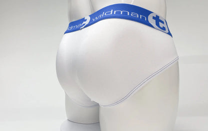WildmanT mesh big boy pouch brief in white with blue elastic waistband featuring wildman logo and stylized t emblem