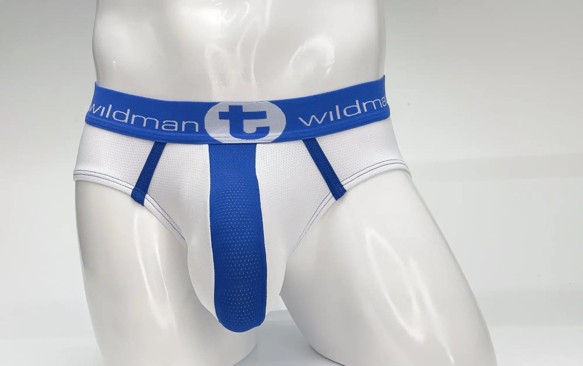 WildmanT mesh big boy pouch brief in white and blue with a perforated blue front panel for breathability