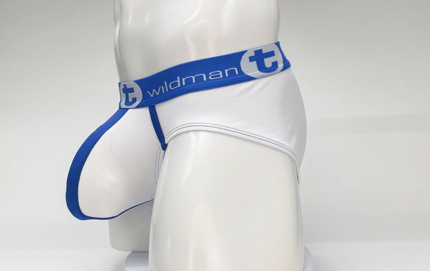 Wildmant mesh big boy pouch brief in white and blue with supportive contoured design for men