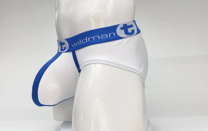 Wildmant mesh big boy pouch brief in white and blue with supportive contoured design for men