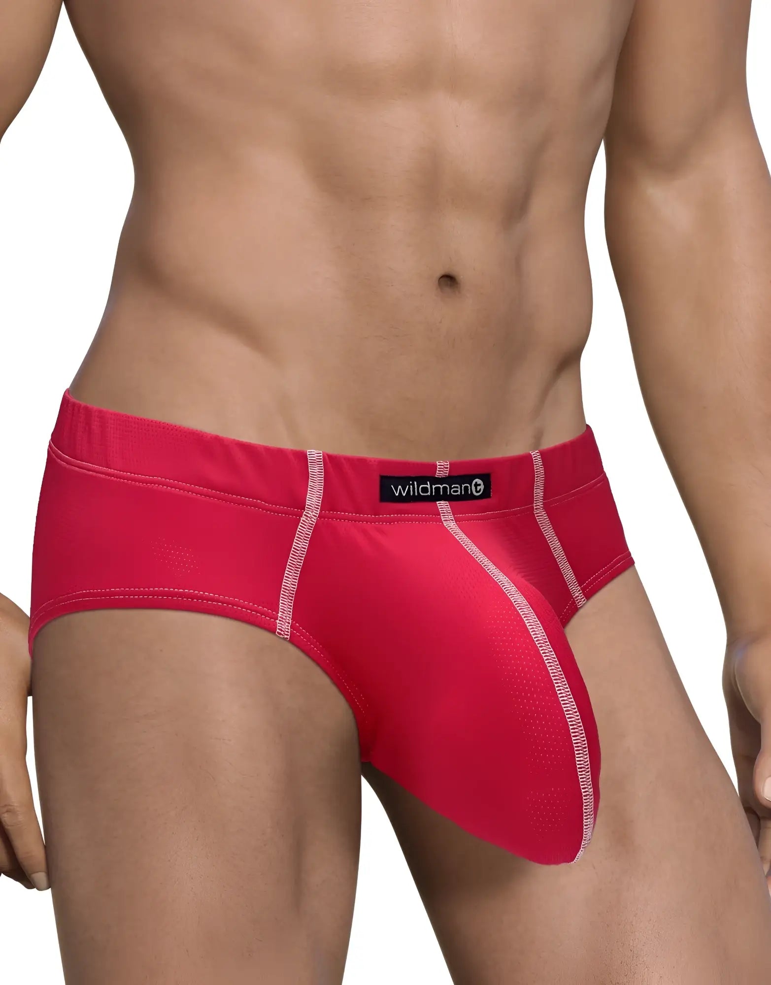 Bright red wildmanT mesh brief with white stitching and black waistband label in a form-fitting design for men