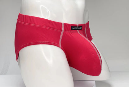 Bright red WildmanT mesh briefs with textured fabric and contrasting white stitching along the seams