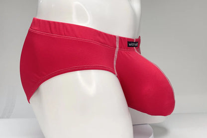 Red wildmanT mesh brief featuring textured fabric white stitching and a black wildman brand label on the waistband