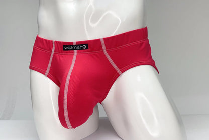 Red wildman wildmant mesh brief in red with white stitching and breathable mesh texture for active wear