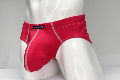 Red wildman mesh brief with white stitching and a breathable mesh panel for comfort and support