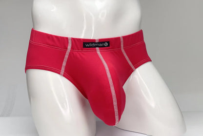 Wildmant mesh brief red with white stitching along seams in breathable mesh fabric for active wear