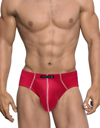 Red wildmanT mesh briefs with white stitching and black brand label showing front side design
