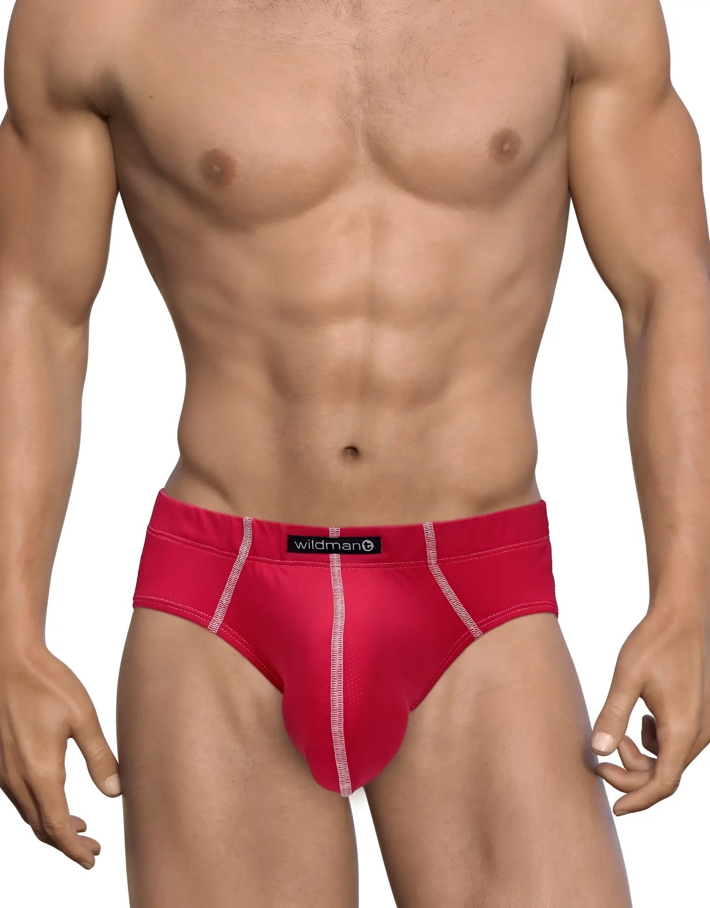 Red mesh brief featuring contrast white stitching and a WildmanT brand label on the waistband.