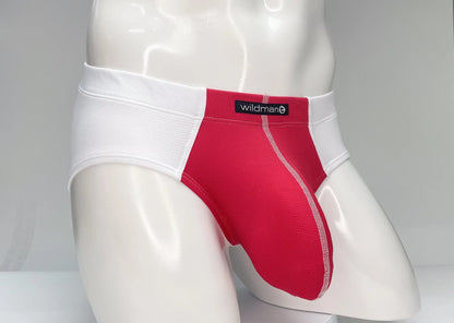Red and white mesh athletic briefs with black wildman brand label on waistband designed for sports use