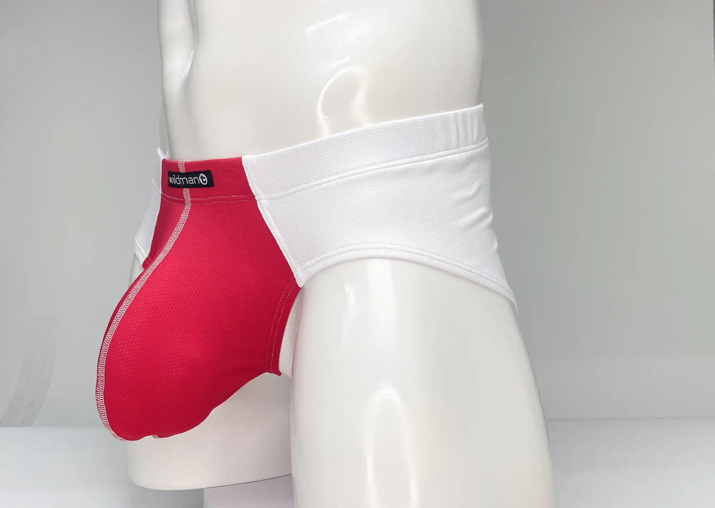 Wildmant mesh brief white and red men’s briefs with red and white mesh fabric and black wideman waistband label
