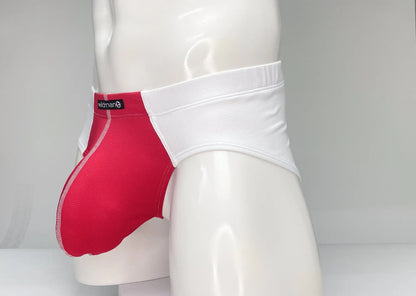 Wildmant mesh brief white and red men’s briefs with red and white mesh fabric and black wideman waistband label