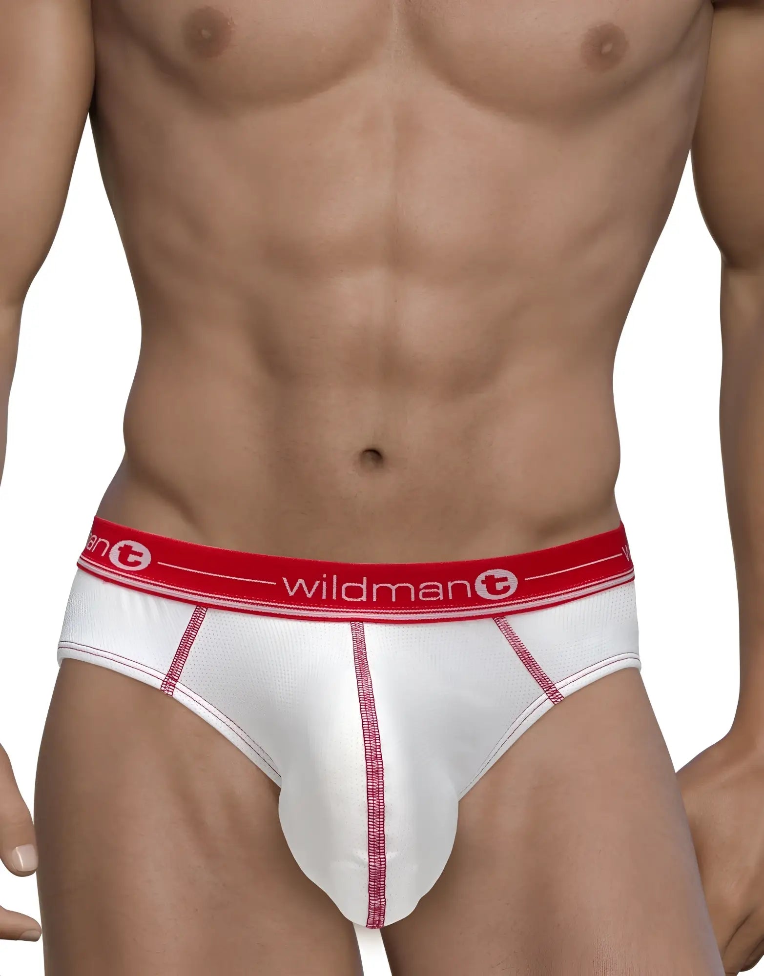White mens mesh briefs with red trim and wildman logo on waistband wildmant mesh brief white and red