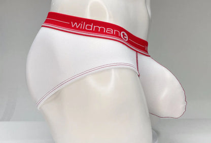 White men’s mesh briefs with a red waistband featuring the wildman brand name and logo
