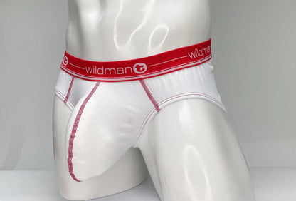 White men’s mesh briefs with red waistband wildman logo and pink stitching along seams in wildmant mesh brief white and red
