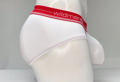White men’s mesh briefs with a red waistband featuring wildman branding for breathable comfort and style