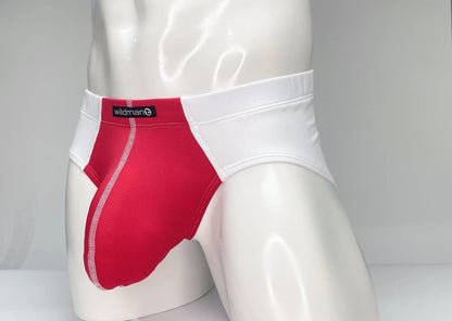 Red and white wildman mesh men’s briefs with branded waistband designed for comfort and breathability