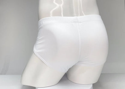 White wildmant mesh brief with smooth form fitting fabric and subtle seam detailing in front view