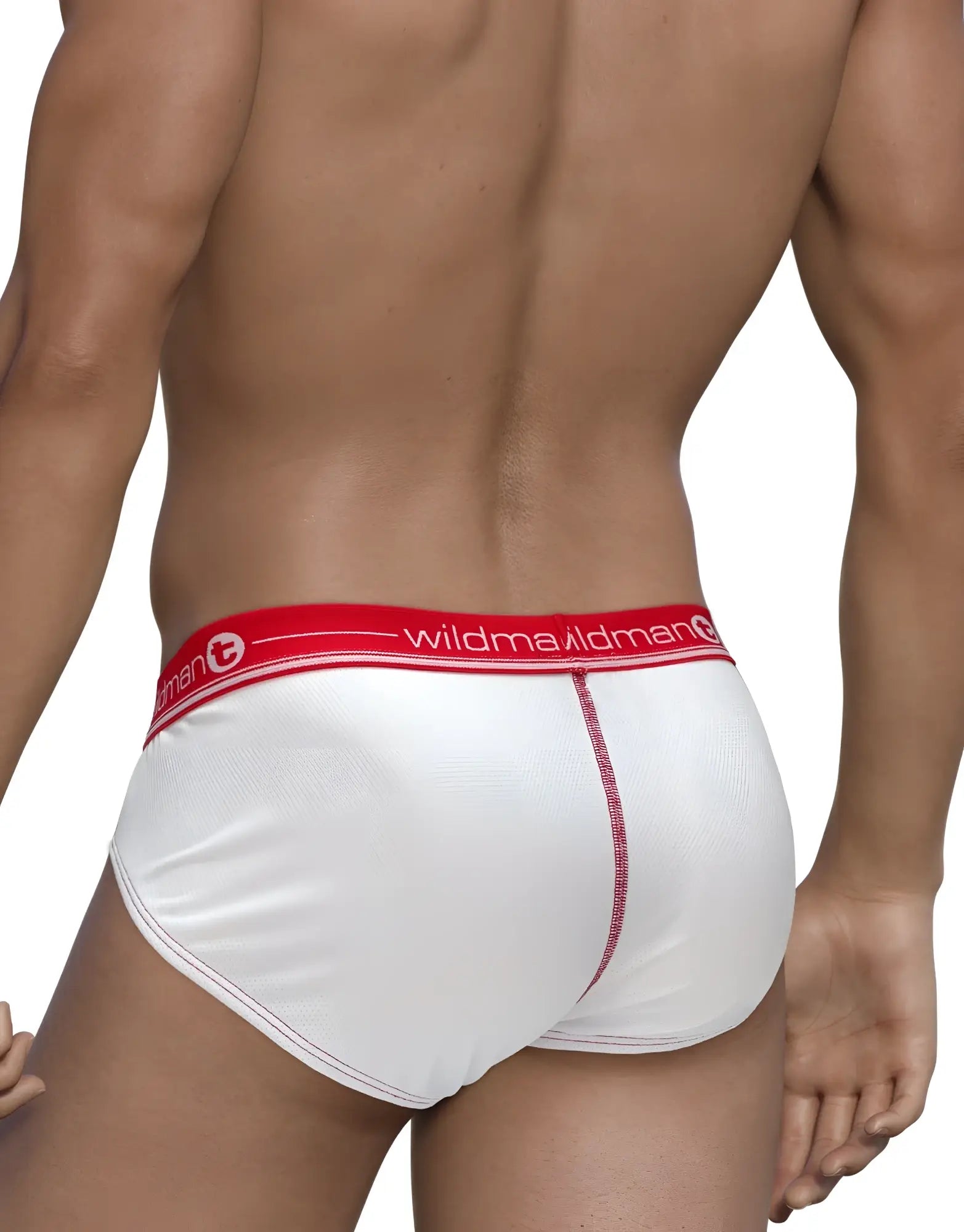 Wildmant mesh brief white with red waistband featuring wildman brand name and logo in a breathable design