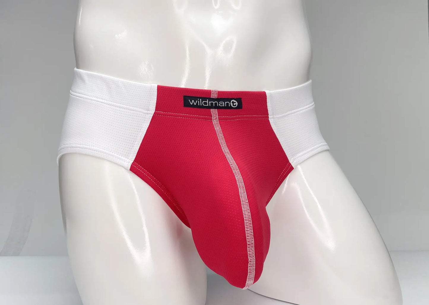 Wildmant mesh brief in white and red with a central seam detail designed for comfort and style