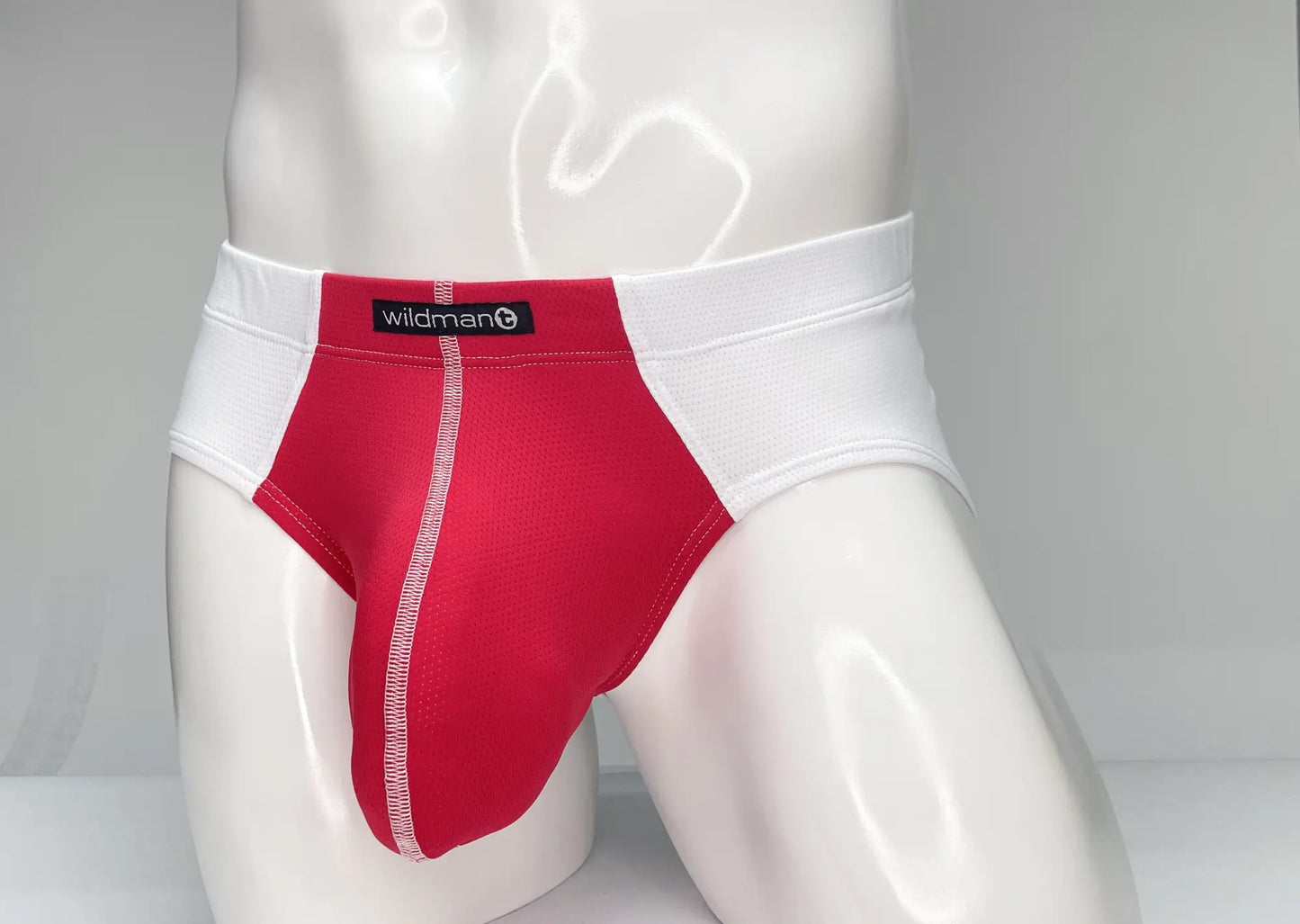 Red and white wildman brand mesh briefs with central seam detail for comfortable breathable wear
