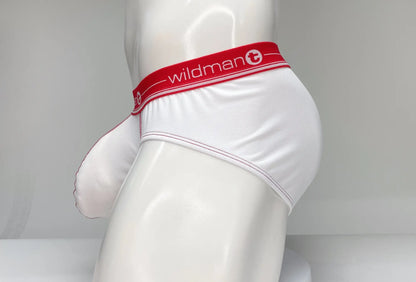 WildmanT mesh brief white and red men’s briefs with red waistband featuring wildman logo and small circular emblem