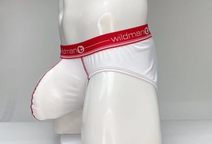 WildmanT mesh brief white and red men’s underwear with red elastic waistband and matching stitching by white wildman