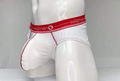 WildmanT mesh brief white and red men’s briefs with white mesh fabric and red elastic waistband featuring brand logo