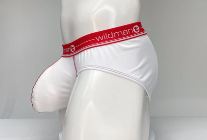 White wildman men’s mesh briefs with red waistband featuring the brand logo for breathable comfort