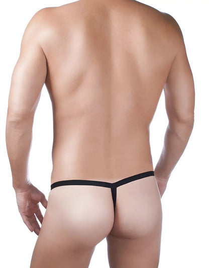 Wildmant mesh micro thong black with big boy pouch and thin smooth elastic band shown from the back side
