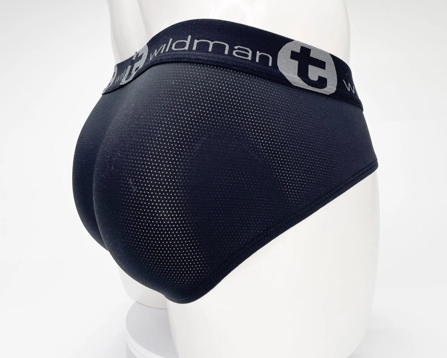Black mesh briefs with branded wildman t elastic waistband in wildmant mesh monster cock brief black style